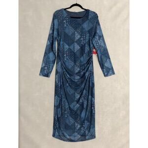 Reba Women's XL Mesh Patchwork Print Crew Neck Ruched Dress Blue NEW